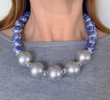Load image into Gallery viewer, Blue and White Chinoiserie with Jumbo Pearl Chunky Statement Necklace - Silver - Designs by Laurel Leigh
