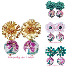 Load image into Gallery viewer, Pink & Green Peony Drop Earrings - Chinoiserie jewelry