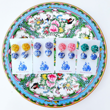Load image into Gallery viewer, Chinoiserie Pink Hydrangea Blossom Earrings - Chinoiserie jewelry
