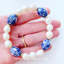 Load image into Gallery viewer, Blue & White Chinoiserie Freshwater Pearl Bracelet - Chinoiserie jewelry