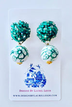 Load image into Gallery viewer, Green Floral Chinoiserie Hydrangea Drop Earrings - Chinoiserie jewelry