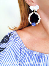 Load image into Gallery viewer, Blue and White Chinoiserie Floral Bow & Pearl Hoop Earrings - 2 Styles - Ginger jar
