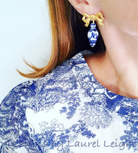 Load image into Gallery viewer, Chinoiserie Ginger Jar Bow Statement Earrings - Blue & White - 3 Styles - Ginger jar
