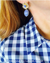 Load image into Gallery viewer, Blue and White Chinoiserie Earrings with Gold Floral Posts - Ginger jar