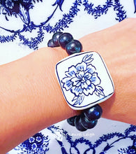 Load image into Gallery viewer, Peacock Pearl & Chinoiserie Peony Bracelet - Chinoiserie jewelry