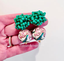 Load image into Gallery viewer, Pink & Green Peony Drop Earrings - Chinoiserie jewelry