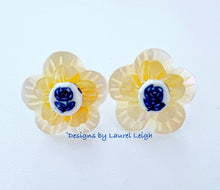Load image into Gallery viewer, Blue, White & Yellow Petite Fleur Pearl Studs - Chinoiserie jewelry