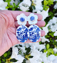Load image into Gallery viewer, Blue Willow Pearl Chinoiserie Flower Earrings - Chinoiserie jewelry