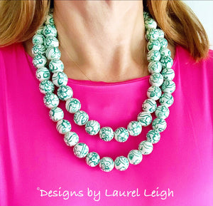 Green & White Chinoiserie Double Strand Necklace - Chinoiserie jewelry