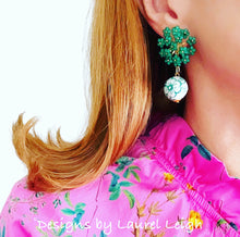 Load image into Gallery viewer, Green Floral Chinoiserie Hydrangea Drop Earrings - Chinoiserie jewelry