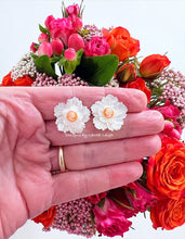 Load image into Gallery viewer, Orange & White Floral Cameo Pearl Studs - Chinoiserie jewelry