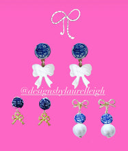 Load image into Gallery viewer, Chinoiserie Coin Bead & Bow / Pearl Drop Earrings - Chinoiserie jewelry
