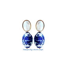 Load image into Gallery viewer, Blue &amp; White Chinoiserie Oval Pearl Earrings - Chinoiserie jewelry