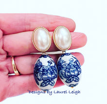 Load image into Gallery viewer, Blue & White Chinoiserie Oval Pearl Earrings - Chinoiserie jewelry