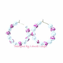 Load image into Gallery viewer, Pink & White Chinoiserie Floral Beaded Hoops - Chinoiserie jewelry