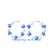 Load image into Gallery viewer, Blue & White Chinoiserie Floral Beaded Hoops - Chinoiserie jewelry