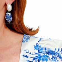 Load image into Gallery viewer, Blue & White Chinoiserie Oval Pearl Earrings - Chinoiserie jewelry