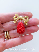 Load image into Gallery viewer, Red and Gold Bow Cinnabar Teardrop Earrings - Ginger jar