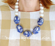 Load image into Gallery viewer, Blue and White Chinoiserie Chunky Pearl Statement Necklace - Ginger jar
