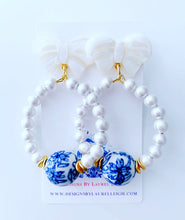 Load image into Gallery viewer, Blue and White Chinoiserie Floral Bow & Pearl Hoop Earrings - 2 Styles - Ginger jar