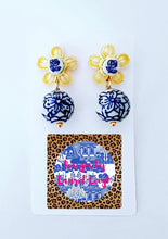 Load image into Gallery viewer, Blue, White & Yellow Petite Fleur Drop Earrings - Chinoiserie jewelry