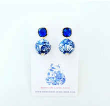 Load image into Gallery viewer, Blue & White Chinoiserie Orchid & Sapphire Earrings - Ginger jar