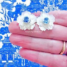 Load image into Gallery viewer, Blue & White Petite Fleur Pearl Studs - Chinoiserie jewelry