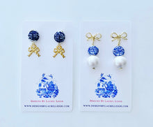 Load image into Gallery viewer, Chinoiserie Coin Bead & Bow / Pearl Drop Earrings - Ginger jar