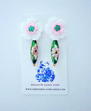 Load image into Gallery viewer, Cloisonné Floral Drop Earrings - Pink & Green - Chinoiserie jewelry