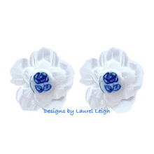 Load image into Gallery viewer, Blue & White Petite Fleur Pearl Studs - Chinoiserie jewelry