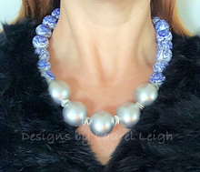 Load image into Gallery viewer, Blue and White Chinoiserie with Jumbo Pearl Chunky Statement Necklace - Silver - Designs by Laurel Leigh