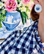 Load image into Gallery viewer, Blue & White Pearl Chrysanthemum Studs - Chinoiserie jewelry