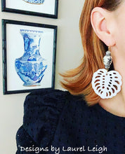 Load image into Gallery viewer, Chinoiserie Tropical Monstera Leaf Statement Earrings - Black & White - Ginger jar