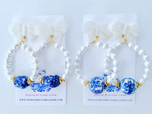 Load image into Gallery viewer, Blue and White Chinoiserie Floral Bow & Pearl Hoop Earrings - 2 Styles - Ginger jar