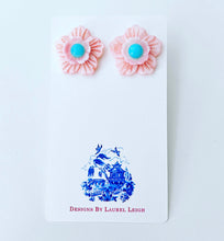 Load image into Gallery viewer, Pink Pearl & Aqua Gemstone Floral Studs - Chinoiserie jewelry