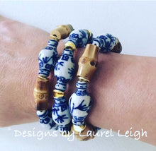 Load image into Gallery viewer, Blue and White Chinoiserie Bamboo Ginger Jar Statement Bracelet - Designs by Laurel Leigh