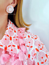 Load image into Gallery viewer, Pink & White Pearl Sunflower Flower Earrings - Chinoiserie jewelry