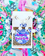 Load image into Gallery viewer, Blue & White Chinoiserie Floral Beaded Hoops - Chinoiserie jewelry