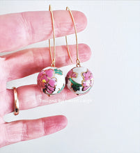 Load image into Gallery viewer, Pink & Green Peony Wire Drop Earrings - Chinoiserie jewelry