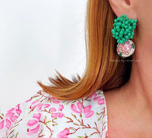 Load image into Gallery viewer, Pink & Green Peony Drop Earrings - Chinoiserie jewelry