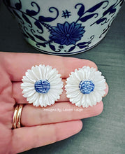 Load image into Gallery viewer, Blue & White Pearl Chrysanthemum Studs - Chinoiserie jewelry