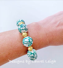 Load image into Gallery viewer, Green & Gold Floral Chinoiserie Bracelet - Chinoiserie jewelry