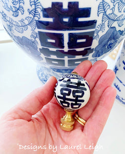 Jumbo Blue and White Chinoiserie Double Happiness Lamp Finial - Sold Individually - Ginger jar