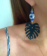 Load image into Gallery viewer, Monstera Chinoiserie Tropical Palm Leaf Statement Earrings - Black - Designs by Laurel Leigh
