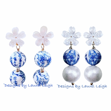 Load image into Gallery viewer, Blue & White Chinoiserie Orchid Double Drop Earrings - Chinoiserie jewelry