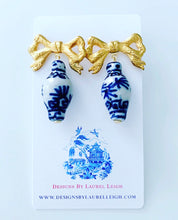 Load image into Gallery viewer, Chinoiserie Ginger Jar Bow Statement Earrings - Blue & White - 3 Styles - Ginger jar