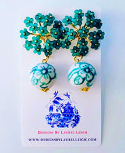 Load image into Gallery viewer, Green Floral Chinoiserie Hydrangea Drop Earrings - Chinoiserie jewelry
