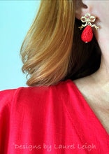 Load image into Gallery viewer, Red and Gold Bow Cinnabar Teardrop Earrings - Ginger jar