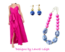 Load image into Gallery viewer, Blue and White Chinoiserie Chunky Statement Necklace - Bright Bubblegum Pink - Ginger jar