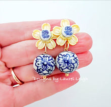 Load image into Gallery viewer, Blue, White & Yellow Petite Fleur Drop Earrings - Chinoiserie jewelry